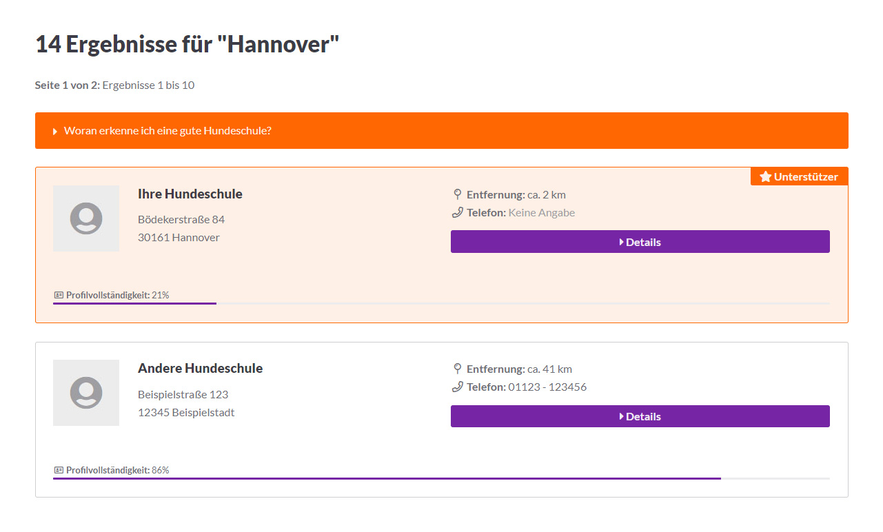 Unterstützereintrag Optimierung 1: Sie stehen oben in der Suche