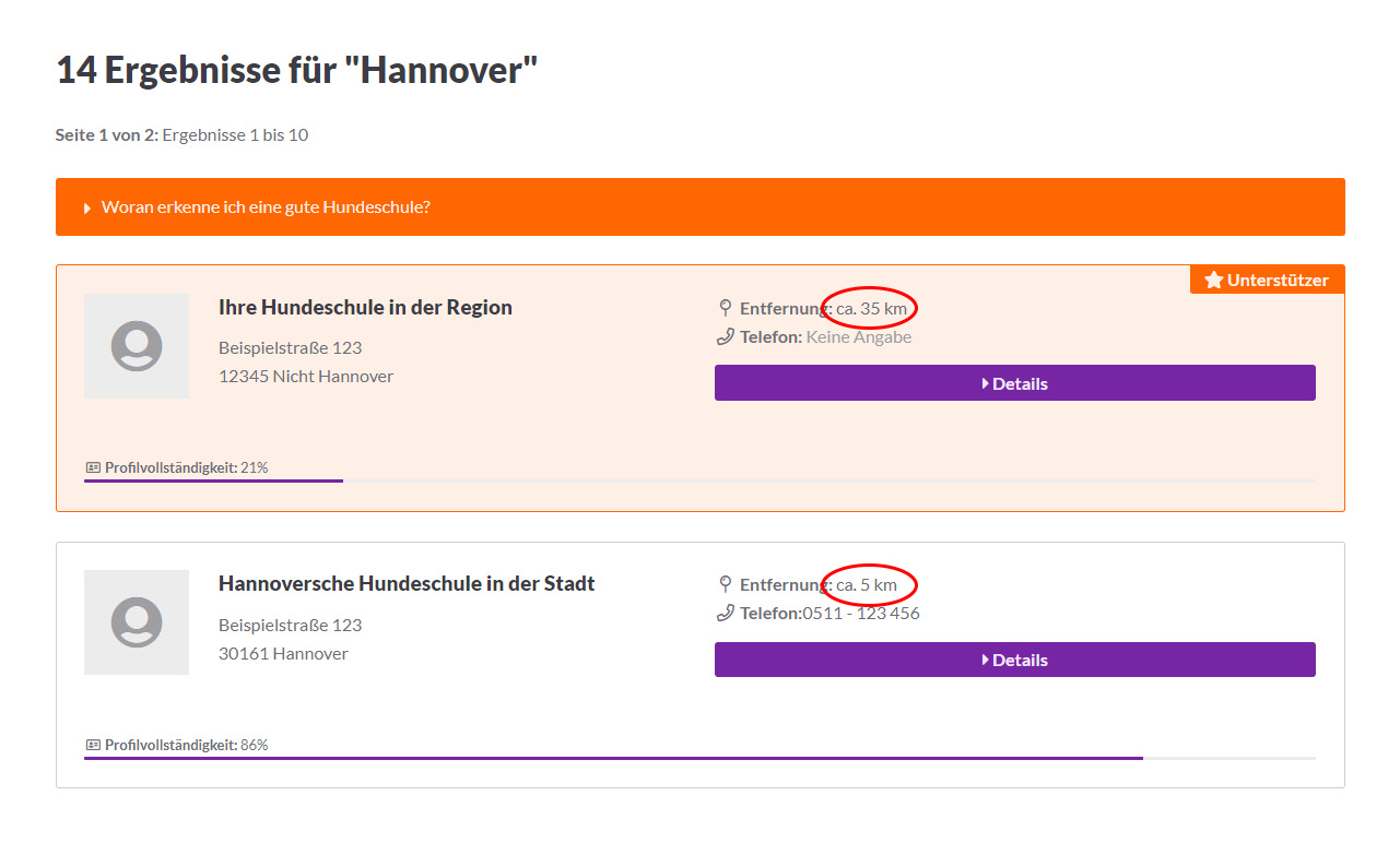 Unterstützereintrag Optimierung 2: Unterstützereintrag Optimierung 2: Sie erscheinen im Umkreis Ihrer Stadt oben